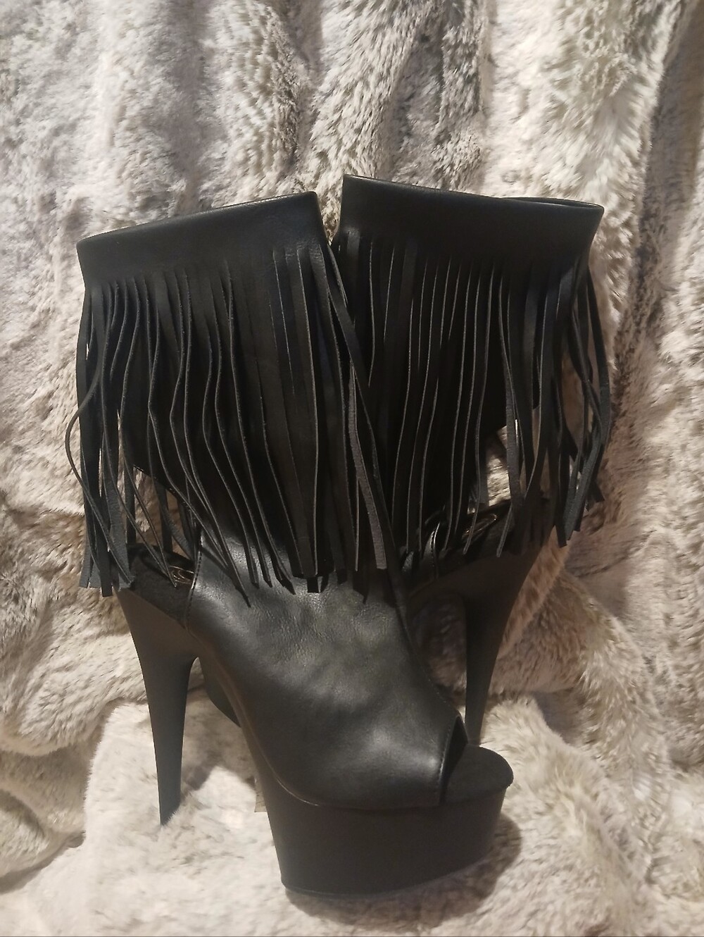 Pleaser Black Fringe Platform Peep-Toe Heels